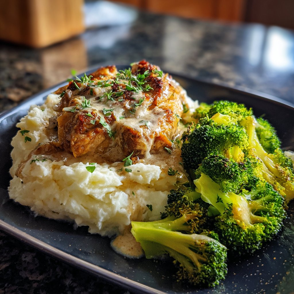 Creamy Herb Chicken with Mashed Potatoes and Roasted Broccoli